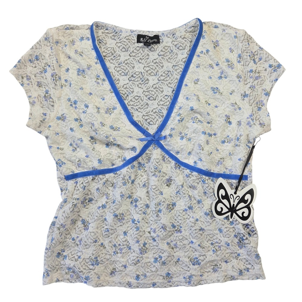 Self Esteem Womens XL Blue Floral White Lace V-Neck‎ Top Y2K Style 2000s Bratz